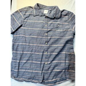 ROWM Mens XL Short Sleeve Button Down Shirt Blue Tan Striped Casual Pocket Top